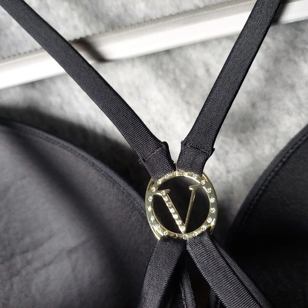 Victorias Secret Bikini Top 34D Black Push Up Wired Glam Rhinestone Logo Strappy